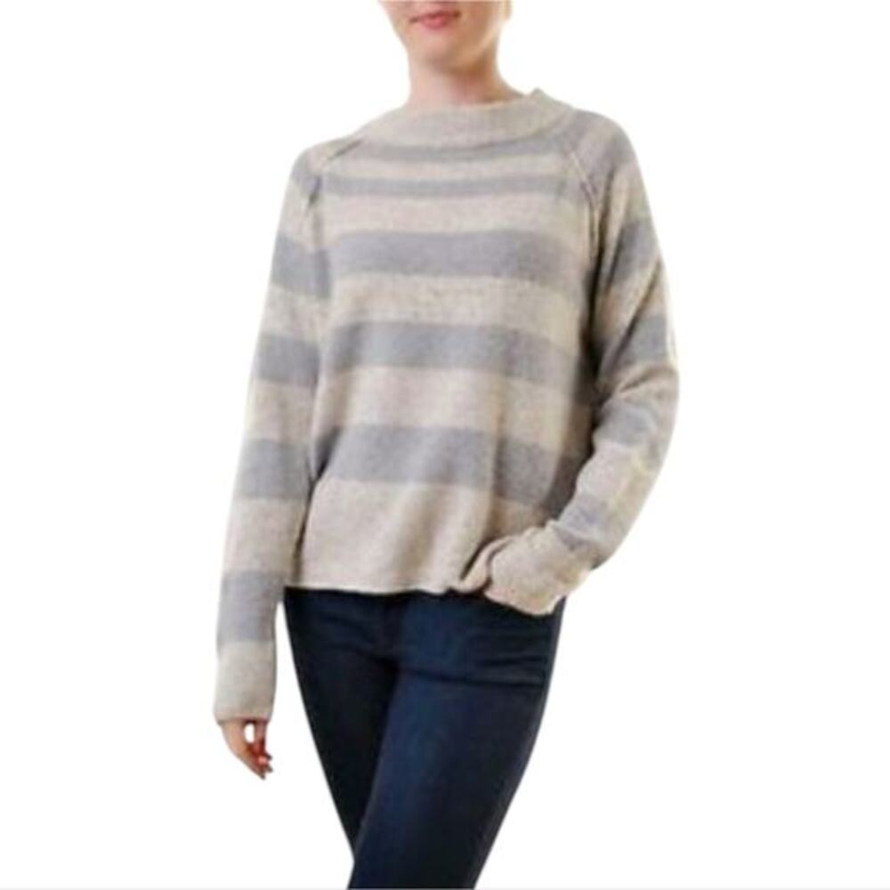 Free people striped mock neck raglan sleeve knit sweater Wool linen Ivory/grey M